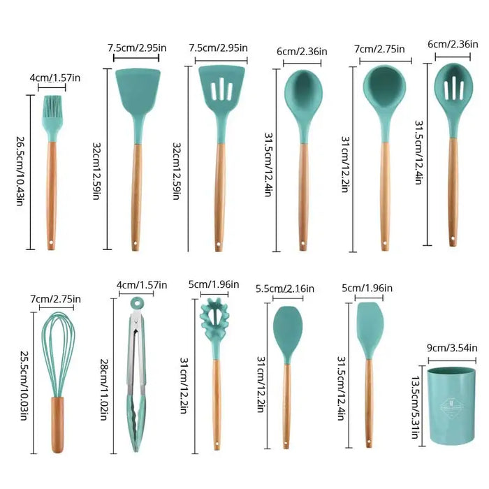 12Pcs Wooden Handle Silicone Kitchen Utensils